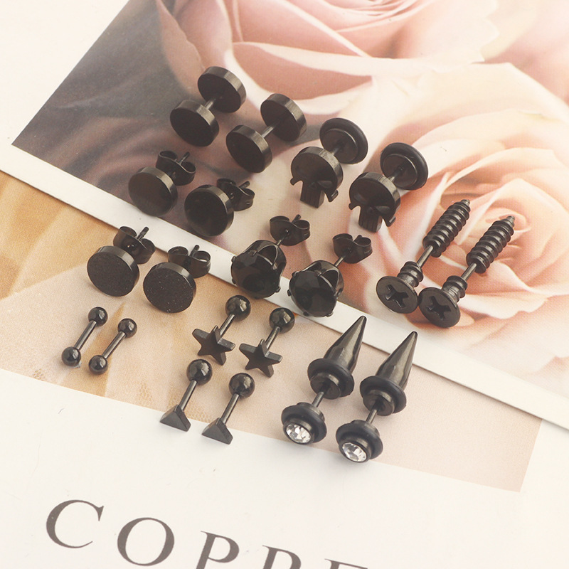 10 Pair Black Stud Round Barbell Earrings Set - Stainless Steel Men's Personality Piercing Studs detail image 14