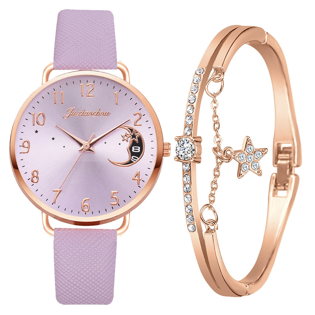 new hot women's personality quartz watch set Pu with moon pattern dial with calendar_voghion.com