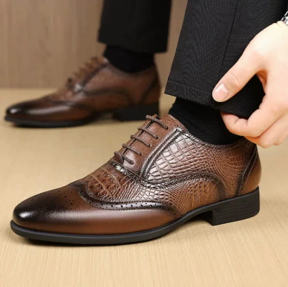 3066 Cross-Border Men's Shoes Autum Leather Shoes Embossed Crocodile Pattern Craft Brogue (Oil Beauty Series)