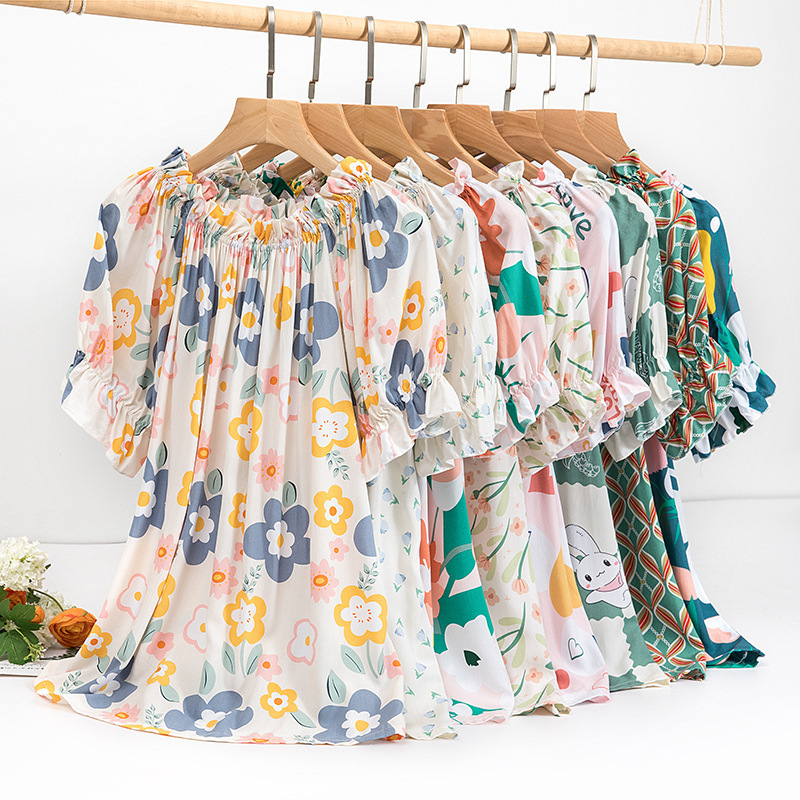 Cotton Silk Pajamas Women's Summer Thin Short-sleeved Doll Shirt Top Off Shoulder Large Size Artificial Cotton Sweet Home Clothes