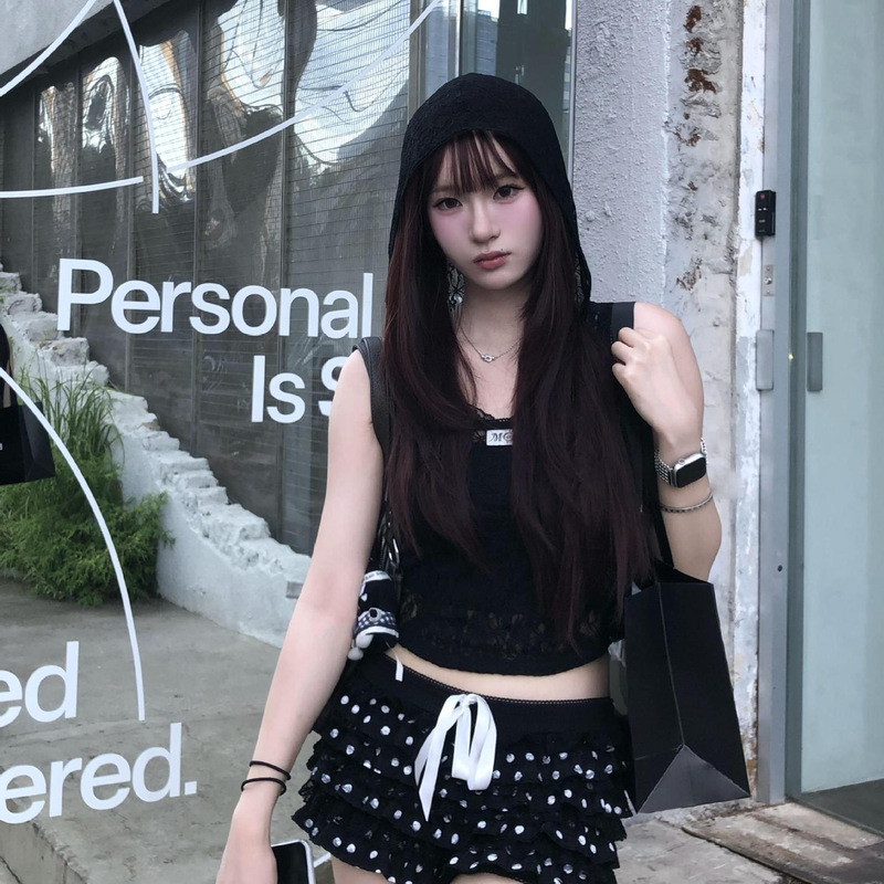 American Retro Black High-Waisted Polka Dot Shorts for Women Summer Hot Girl Y2K Casual Lace Trim Cake Skirt Pants