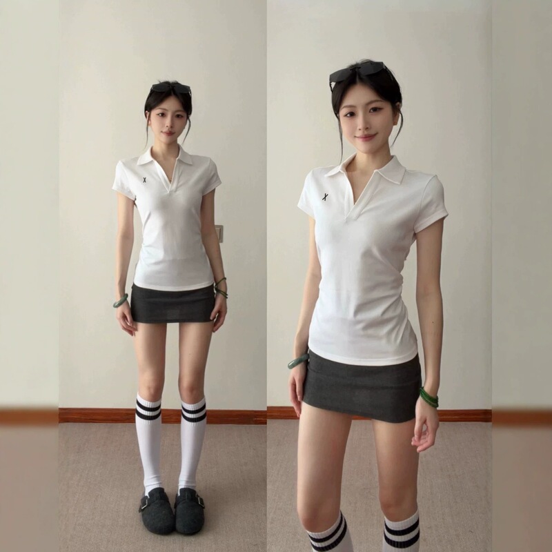 Korean Style V-Neck Straight Shoulder Polo Shirt T-Shirt for Women, Slim Fit Short Sleeve Summer Turn-Down Collar Simple Versatile Sports Top Tennis Wear