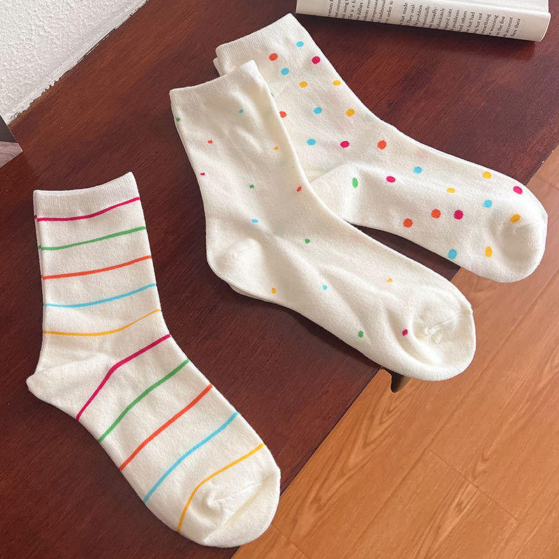 Clearance Women's Mid-Calf Socks Colorful Polka Dot Striped Cotton Socks Dopamine Color Trendy Socks