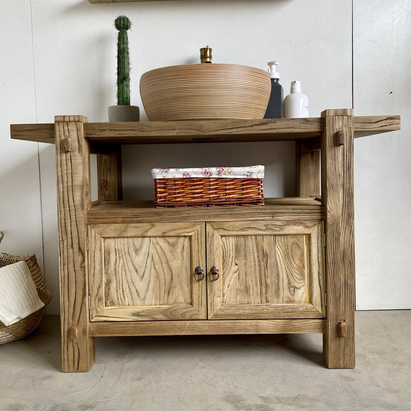 Vintage-Style Distressed Solid Wood Washbasin Bathroom Cabinet Set, Chinese Antique Bathroom Cabinet Combination, New Chinese Style