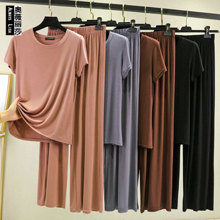 Short-sleeved Modal Cotton Pajamas Women's Summer Thin Middle-aged Casual Wide-leg Pants Loose Home Clothes Two-piece Suit
