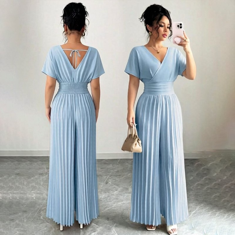 2026 nuevo estilo de viaje europeo y americano elegante color sólido cuello en V manga corta cintura doblada plantares pantalonés de pierna ropa de mujer
