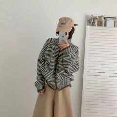 韩系蓝色条纹开衫毛衣外套女秋冬季温柔慵懒风宽松软糯针织衫上衣