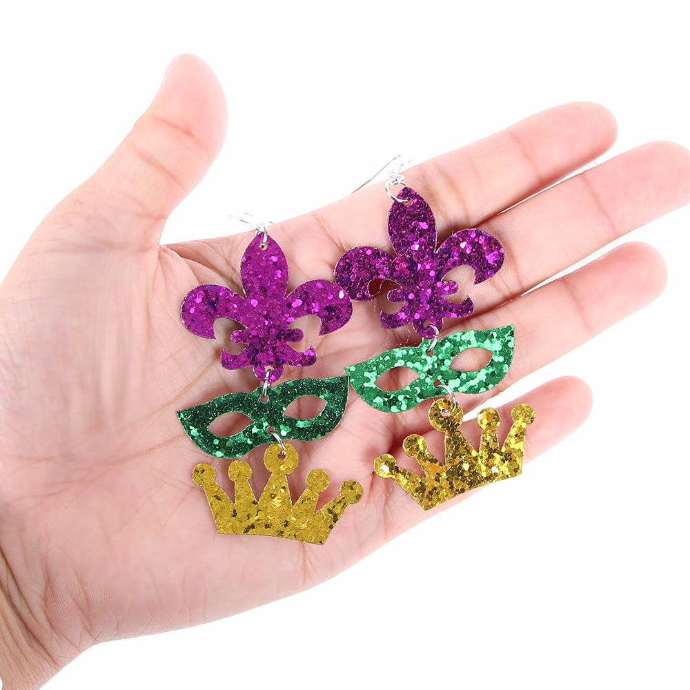 Carnaval de doble cara pendientes de sequillas máscara de oro roxo verde iris adornos de orejas pendientes de letras de Mardi Gras joyas