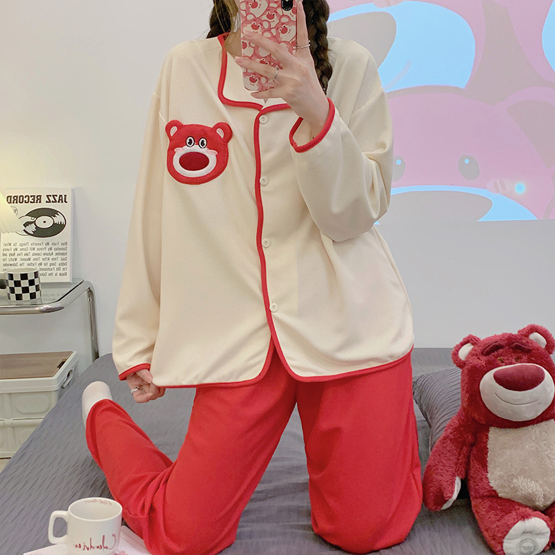 Internet Celebrity Bear pijamas mujeres waffle algodón Otoño e Invierno de manga larga pequeña solapa cardigan linda chica desgaste en casa traje