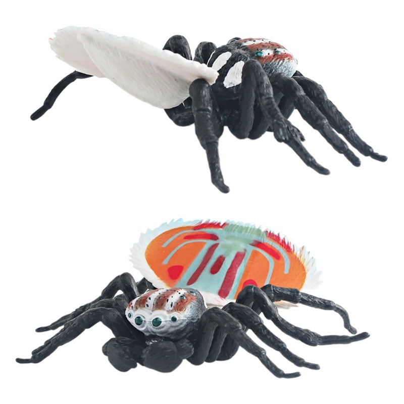 Transfronterizo de exportación simulación insecto modelo animal juguete rojo y azul salto araña Pavo Real araña patrón horizontal mosca araña adornos estáticos