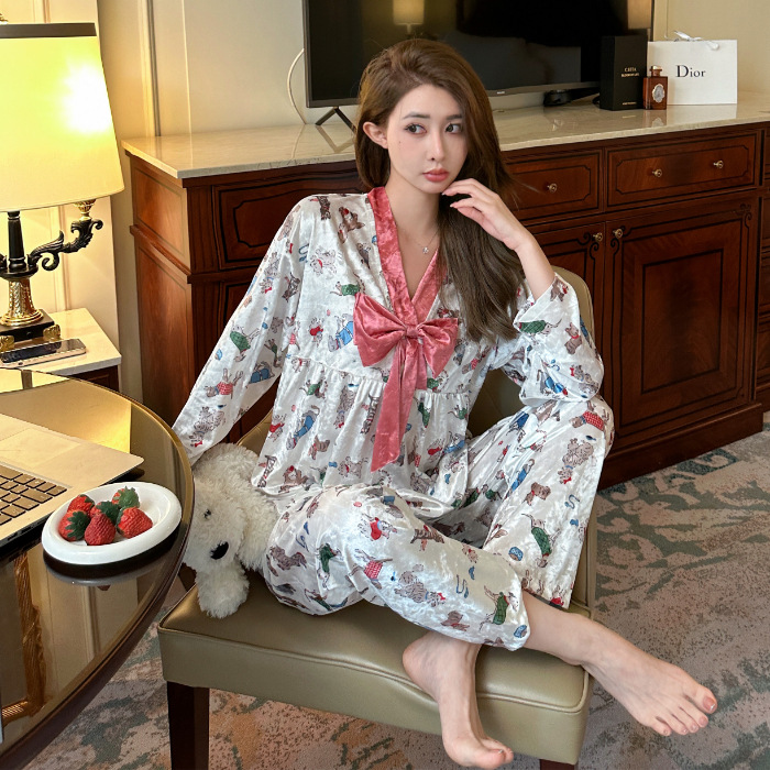 Popular online popular oro terciopelo pijamas de las mujeres oro diamante arco Otoño e Invierno manga larga luz lujo dulce hogar desgaste traje