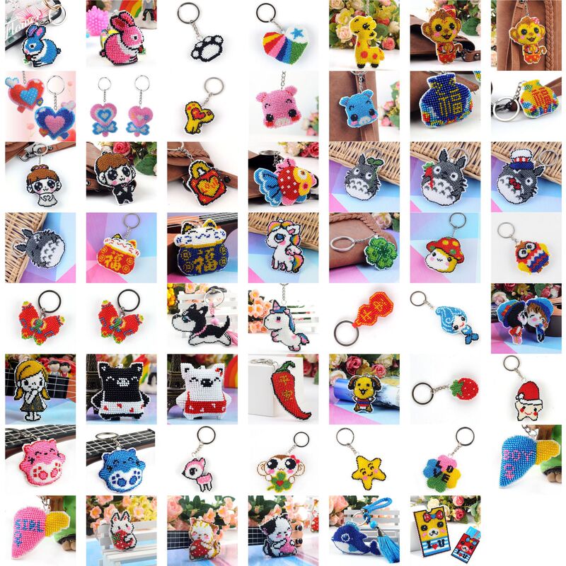 Qingfei cross stitch printed car pendant key chain love cartoon heart-shaped mobile phone chain key bead embroidery pieces