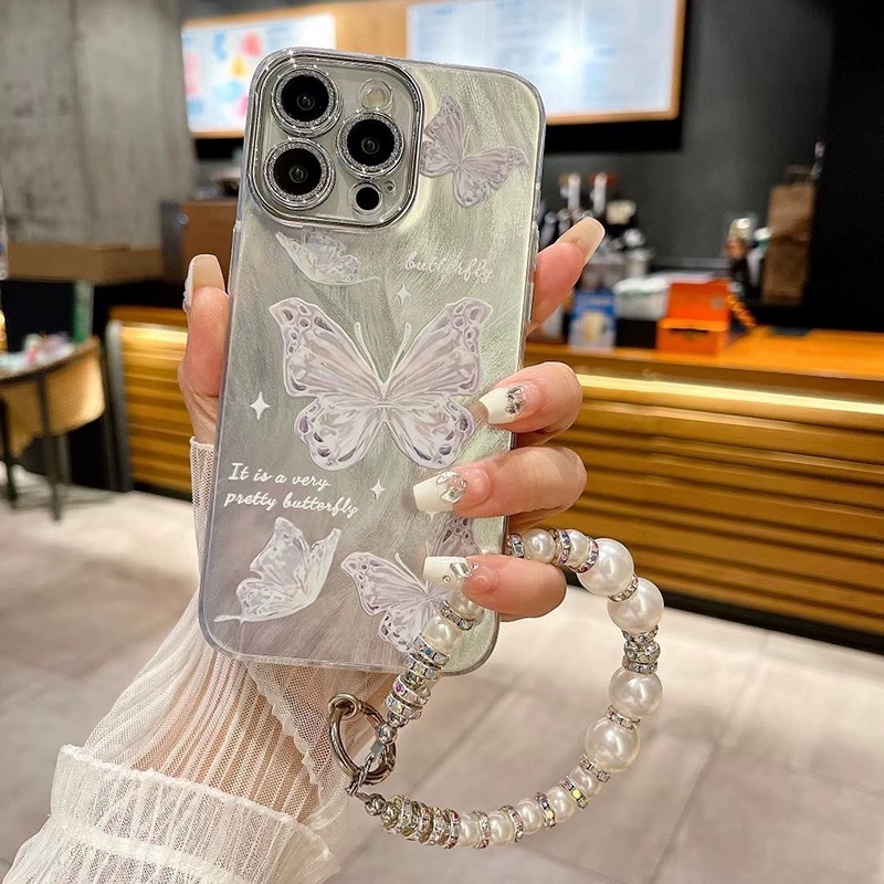 Lazo de perla de hilo de plumas francés para lente de brillo iPhone14 15ProMax funda para teléfono 12 Apple 13