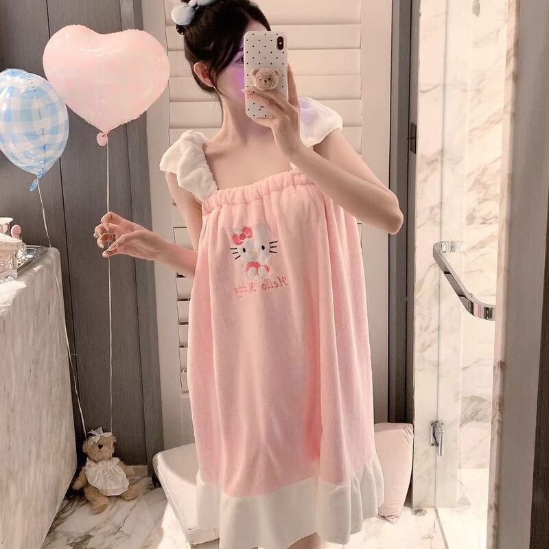 Hello Kitty Suspender Bath Skirt Can Be Worn as a Tube Top, Absorbent Towel, Embroidered Double-Shoulder Bathrobe-Style Princess Series