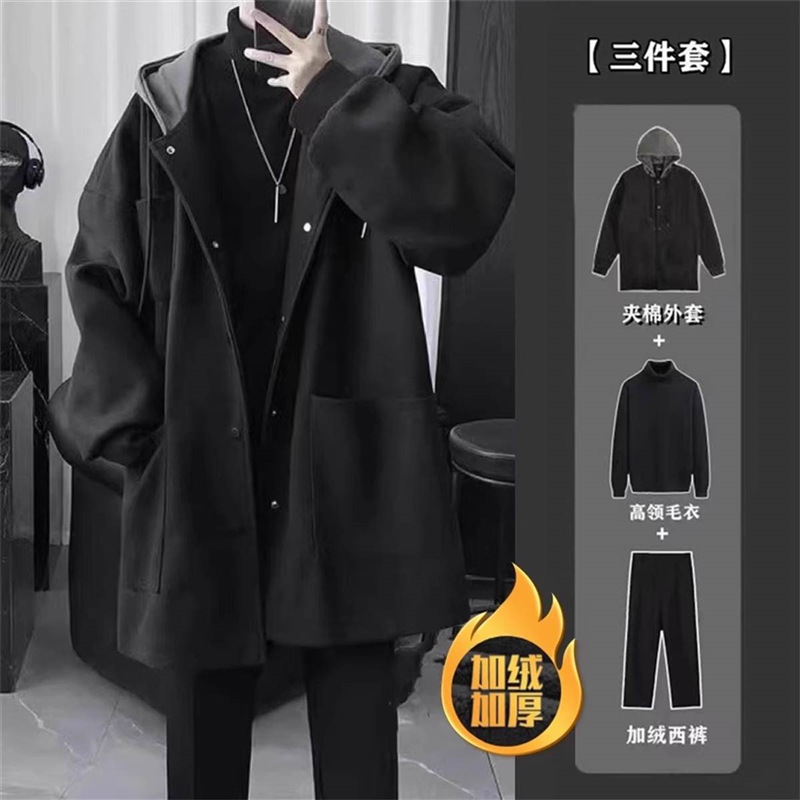 Woolen coat black + sweater black + trousers black plus velvet three-piece set