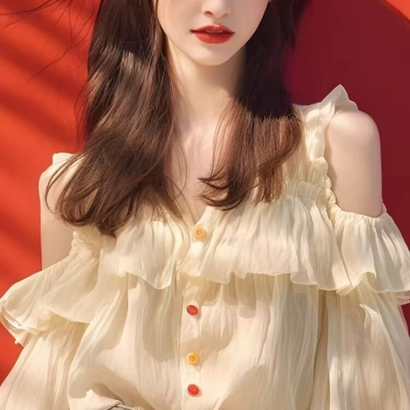 Шифоновая рубашка с рюшами, женская осенняя свободная шифоновая рубашка, тонкий топ с открытыми плечами и длинными рукавами