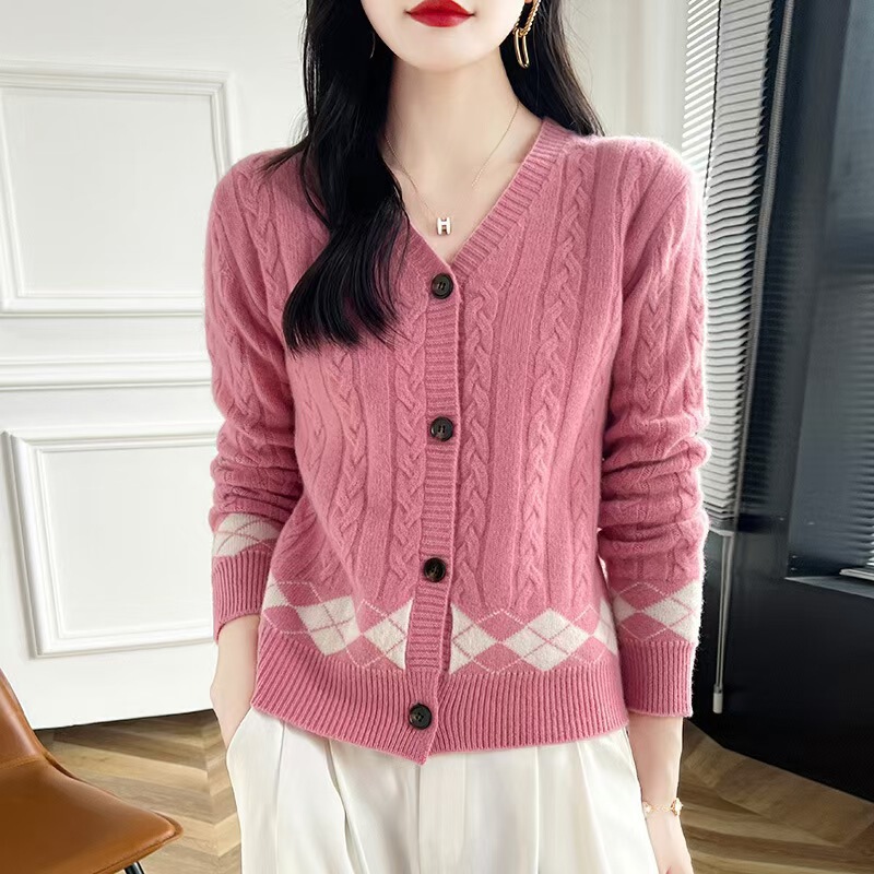 100 Pure Wool Cardigan Women's V-neck Twisted Flower Diamond Colorblock Long Sleeve Sweater Loose Wool Sweater Knitted Jacket