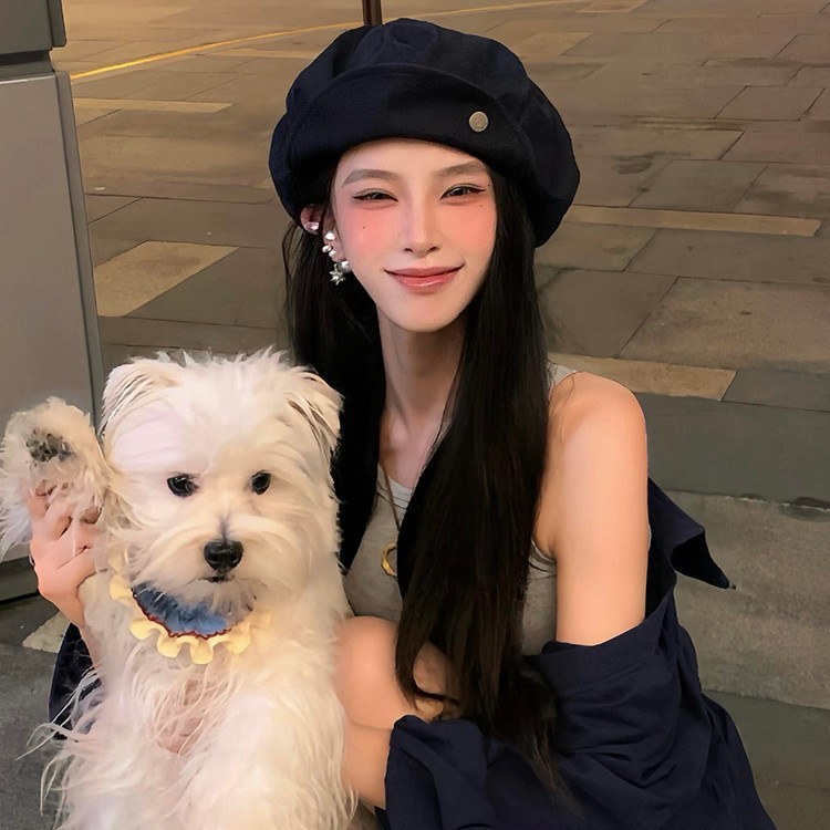 港风黑色贝雷帽女夏季小众设计感百搭画家帽大头围云朵八角帽子潮|undefined