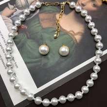中古西洋饰品经典赫本风白色琉璃珍珠项链气质耳环百搭套装