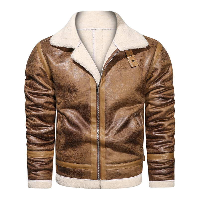 boy Men's Turn-Down Collar Lamb Wool Plus Size Cross-Border Thickened Warm Motorcycle Jacket Retro European And American_voghion.com