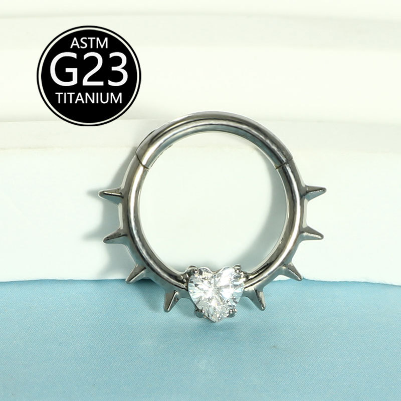 G23 Titanium Heart CZ Nose Ring - European American Punk Style Nose Stud detail image 8