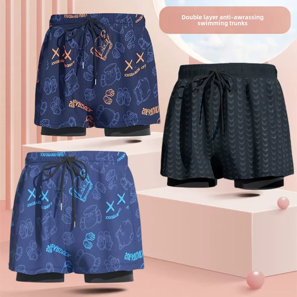 Men's Swimming Trunks Large Size Fake Two-piece Anti-embarrassment Lace-up Drawstring Shorts Fashionable Comfortable Breathable Trendy Men's Pool Pants