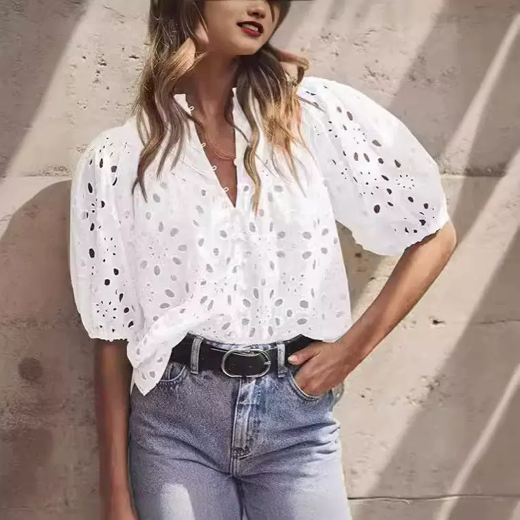 亚马逊独立站外贸跨境女式灯笼袖内衬刺绣衬衫