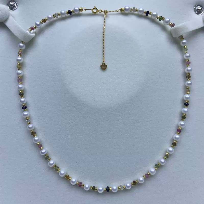 天然淡水强光珍珠搭配彩色混彩碧玺新中式复古S925银延长扣项链批