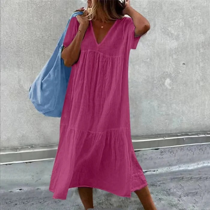 2025 European and American Clothing Amazon Cross-Border Summer New Pure Color V-Neck Pleated Loose Casual Dress European and American