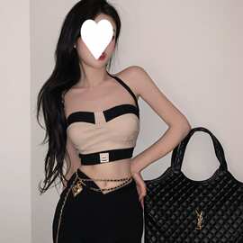 性感撞色拼接挂脖背心女辣妹风显瘦吊带夏季外穿短款上衣