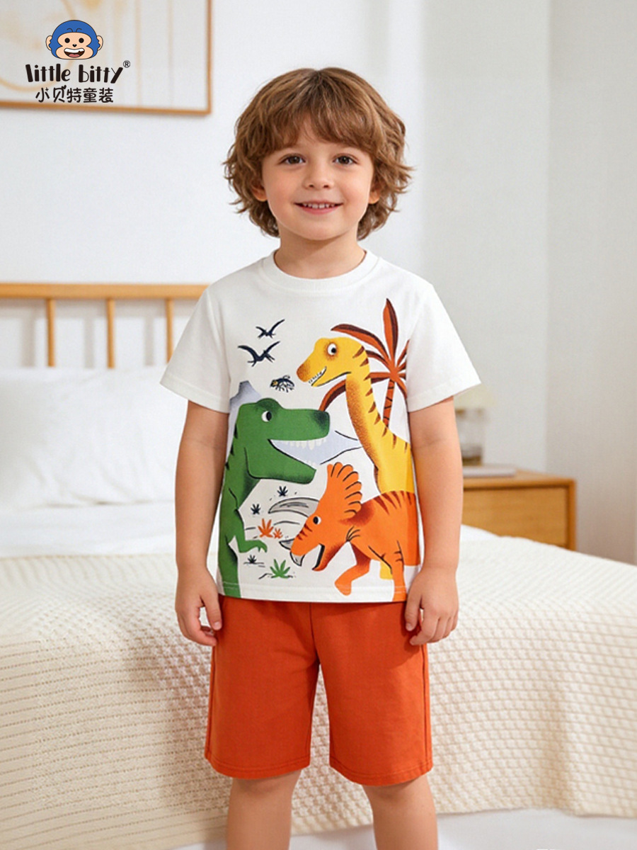 European and American Style 2026 Spring and Summer Children's Short-Sleeve Set with Cartoon Dinosaur Print, Round Neck, In-Stock Wholesale