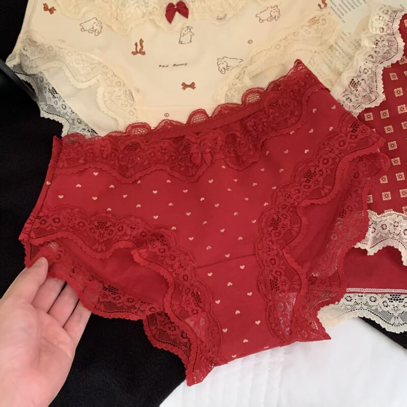 New Year's Red Underwear for Women, Low-Waist Lace Trim, Festive Pure Desire Sexy Japanese Style Pure Cotton Crotch Underwear for Women