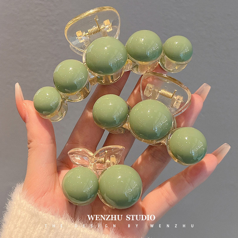高級感綠色珍珠抓夾女後腦勺丸子頭半扎發盤髮夾子大號鯊魚夾頭飾