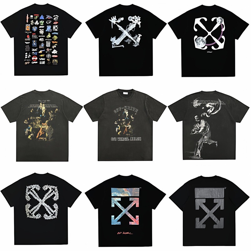 Long-Term Availability of [New Models] Off White Arrow Print Round Neck Couple's Ow Short-Sleeve Unisex Washed T-Shirt