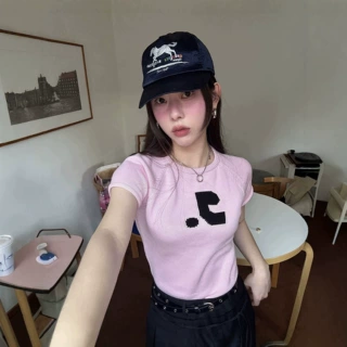 韩国潮牌Rest&Recreation提花LOGO针织衫女插肩卷边短袖修身上衣