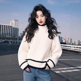 韩版高领白色套头毛衣女加厚冬季新款宽松复古慵懒风软糯针织上衣