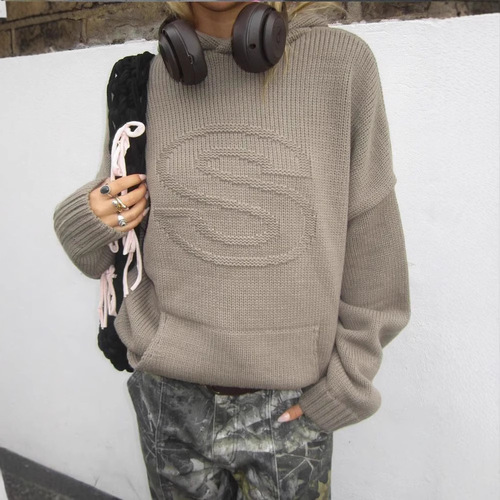 2025 Autumn/Winter Y2K Hooded Casual Letter-Print Knitted Trendy Loose-Fit Sweater for Men and Women