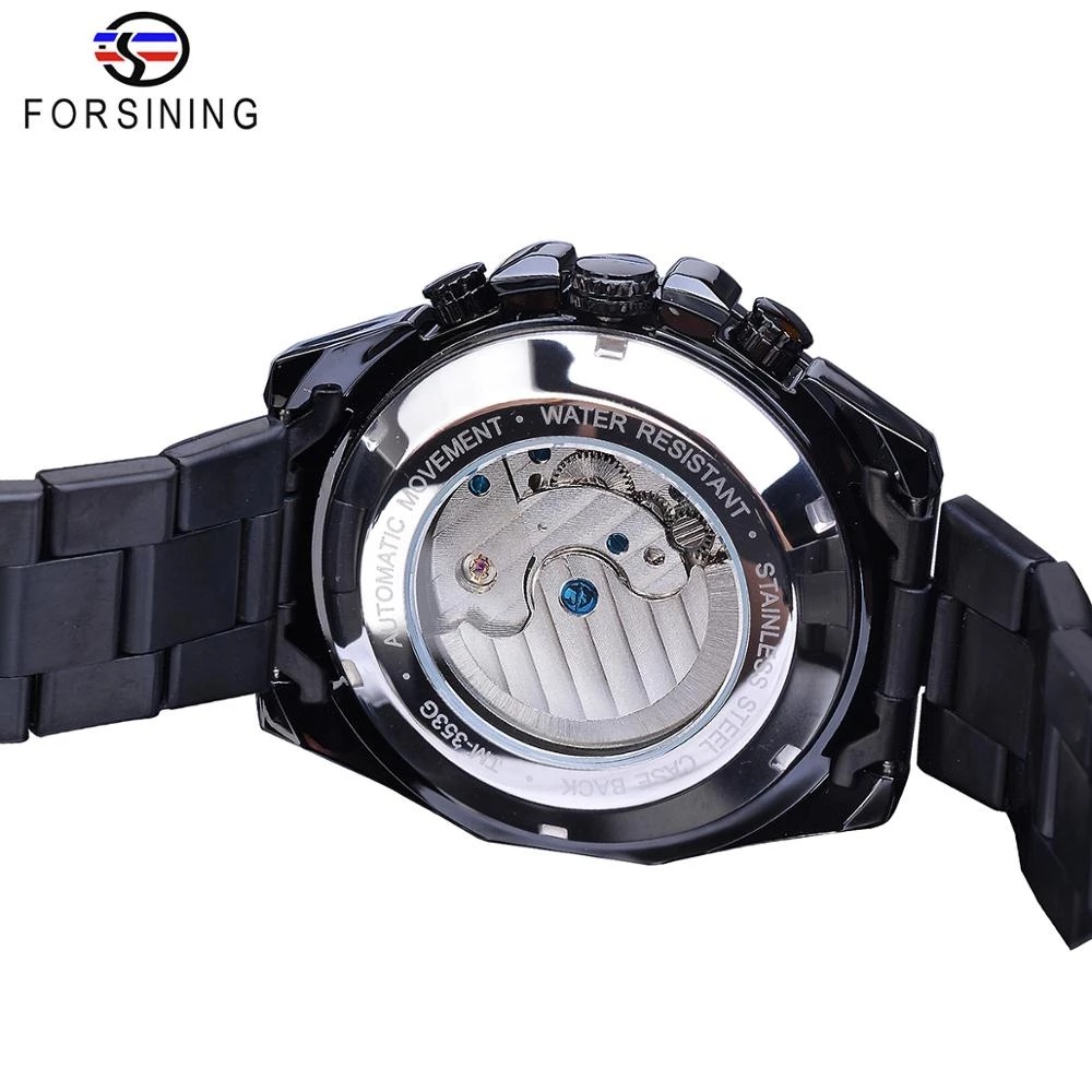 Forsining Black Three Plate Men's Mechanical Watch Automatic Tourbillon Hollow Moon Phase Weekly Steel Band Watch_voghion.com