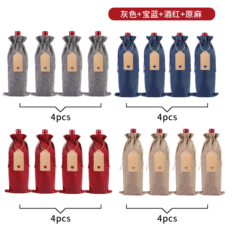 Suministro directo de fábrica bolsa de botella de vino de lino traje ciego degustación de vino botella cubierta de lino etiqueta bolsa de embalaje de vino tinto en stock al por mayor