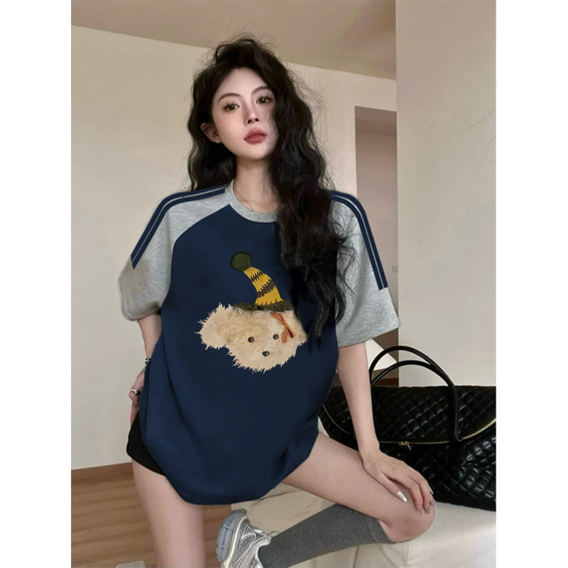 American Pure Cotton Raglan Short-Sleeved Three-Stripe T-Shirt for Women in Summer, Middle and High School Students, Loose Half-Sleeved Tops