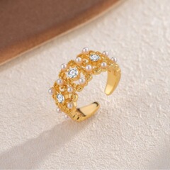 網紅同款蕾絲邊鋯石珍珠開口戒指女輕奢時尚高級感氣質花紋指環女