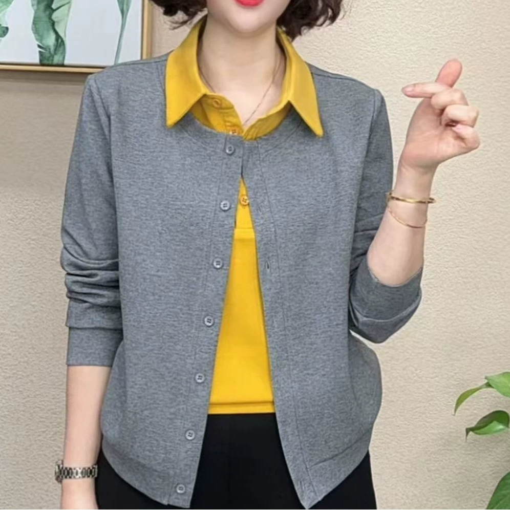 2025 весенний и осенний темперамент свободный, дикий, новый модный воротник рубашки, поддельные два тонких рукава, другие