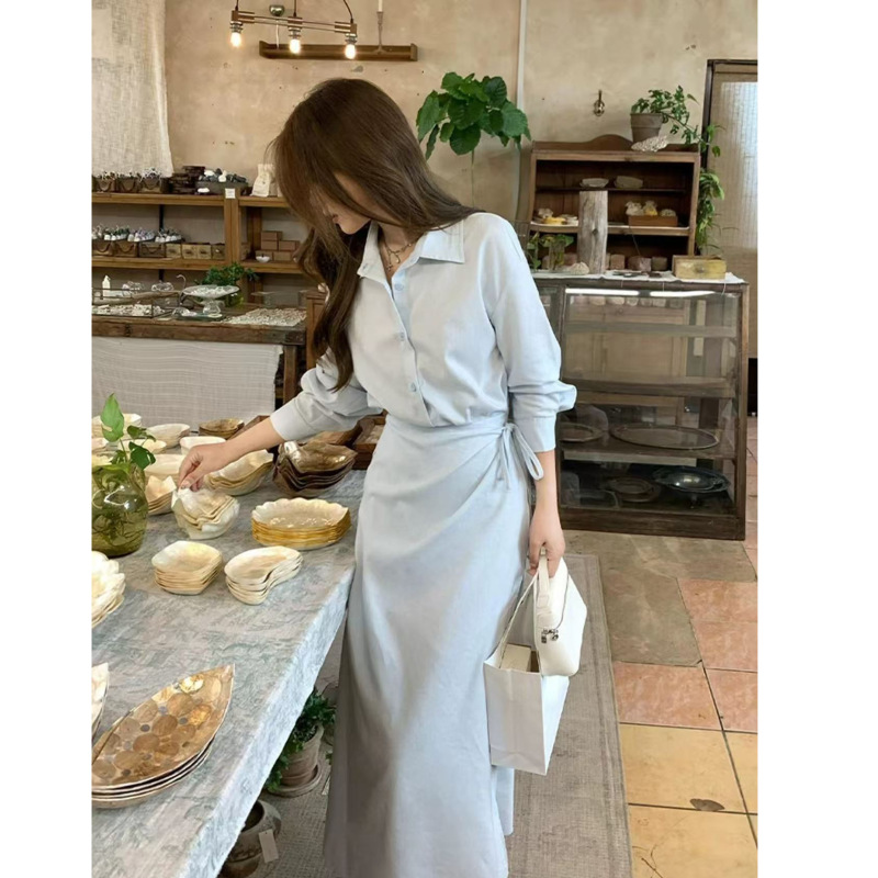 御姐风简单大方感穿搭蓝色收腰系带衬衫连衣裙女2025新款秋季|undefined