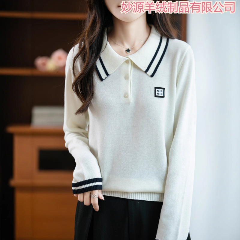 Elegant Polo Collar Knit Sweater New Slim Fit Long Sleeve College Style Top Fashionable Age-Reducing Base Shirt for Women