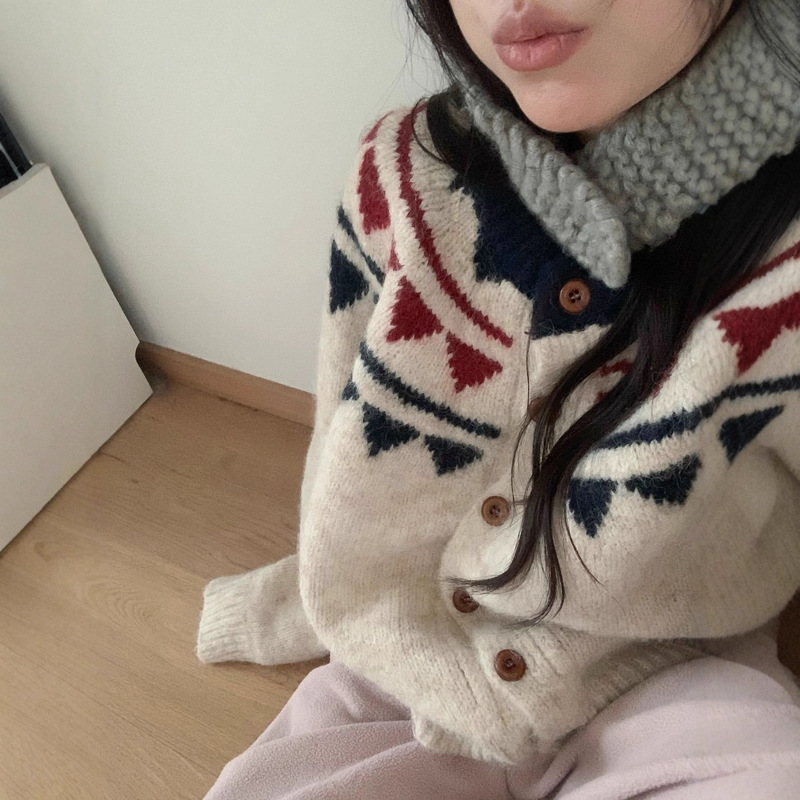 秋冬新款提花撞色毛衣外套女日系复古宽松慵懒风加厚休闲毛衣外套|undefined