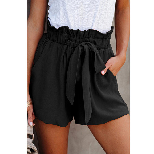 Amazon new elastic waist lace pure color casual pants women's European and American loose high-waist simple shorts, wide-leg pants