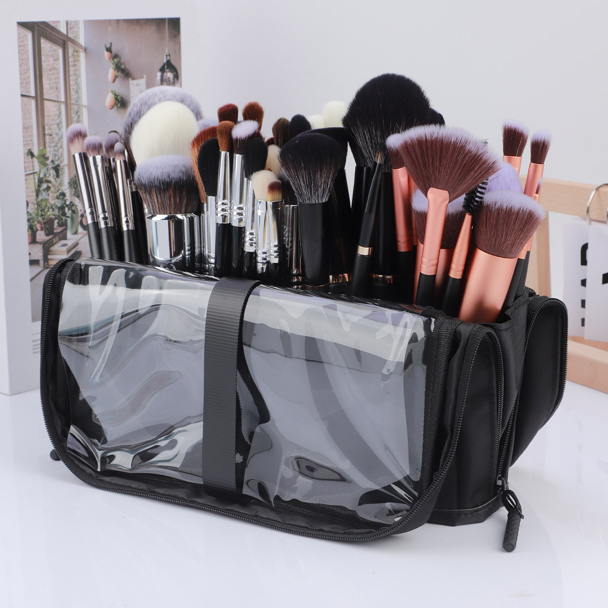 Nuevo bolso de cepillo de maquillaje transfronterizo de 14-40 agujeros bolsa de almacenamiento de gran capacidad bolsa de maquillaje plegable negra grande en stock
