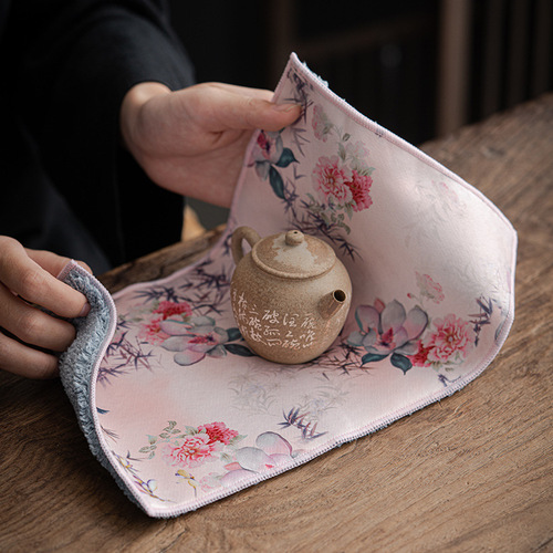 Faux Suede Vintage Style Absorbent Tea Towel Mat Fabric Thick Chinese Style Tea Cloth Tea Cup Mat Painted Chinese Traditional Painting Towel