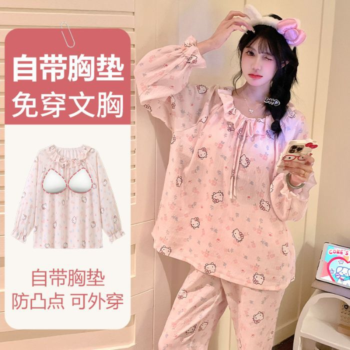 Pijamas al por mayor transfronterizos otoño nuevo estilo francés nubes de algodón cinturón almohadilla de pecho dulce borde de loto ropa de hogar para estudiantes