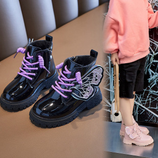 Girls Boots 2025 Autumn and Winter New Wing Cotton Boots Catwalk Kidsren's Boots British Style Girls Short Boots Black